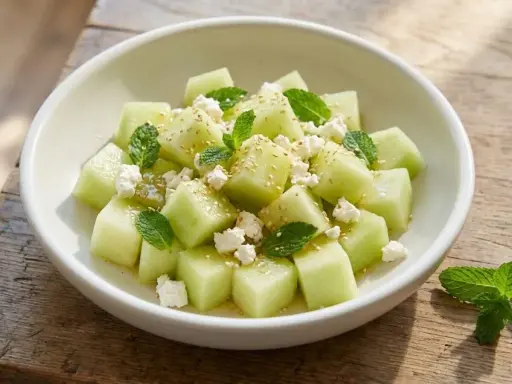 Salade melon feta rafraîchissante, parsemée de menthe fraîche et de graines de sésame, servie dans un bol blanc sur une table en bois.