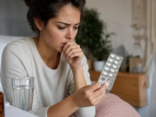 Donna preoccupata guarda un blister di pillole, forse per curare la candida dopo antibiotico.