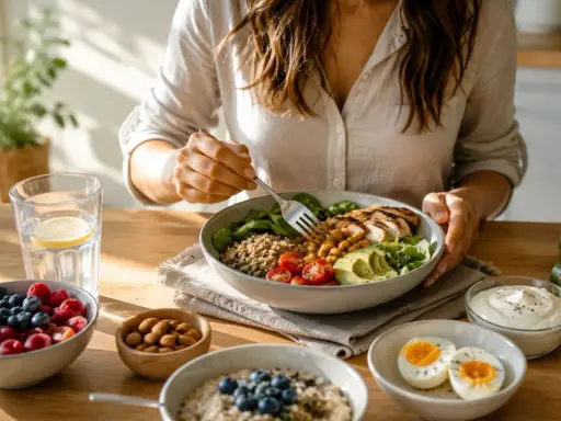 Kobieta je zdrowy posiłek, idealny na dieta odchudzająca: kurczak, awokado, komosa ryżowa, warzywa, owoce i jajka.