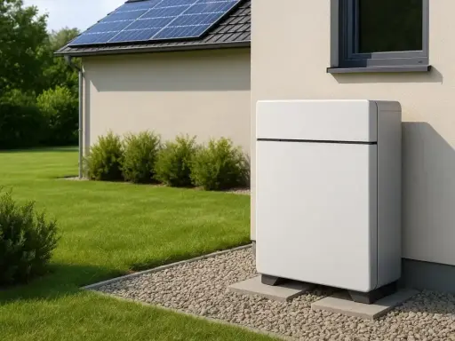 Nowoczesny magazyn energii do fotowoltaiki 10 kW stoi obok domu z panelami słonecznymi.