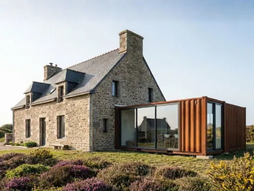 Maison en pierre avec une extension moderne en container maritime vitrée, offrant une vue sur la campagne fleurie.