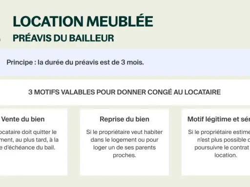 Illustration expliquant le préavis logement pour location meublée : 3 mois, vente, reprise ou motif légitime.