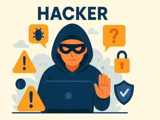 Ein schwarzer Hut Hacker mit Kapuze und Maske sitzt vor einem Laptop. Warnsymbole, ein Käfer und ein Schloss umgeben ihn.
