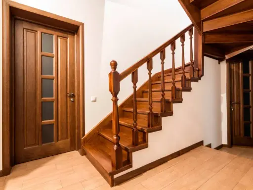 Scala interna in legno scuro con porte abbinate. Idee pittura scala interna: il legno caldo crea un'atmosfera accogliente.