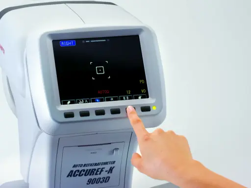 Dłoń naciska przycisk na auto refraktometrze, pokazując ekran z danymi badania wzroku. Pozwala to zrozumieć, jak odczytać wydruk z komputerowego badania wzroku.