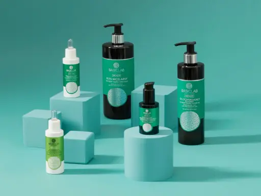 Produkty do pielęgnacji cery tłustej: serum, płyn micelarny i żel oczyszczający marki Basiclab.