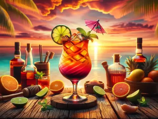 Tropikalny drink rum punch z owocami i butelkami alkoholu na plaży o zachodzie słońca.