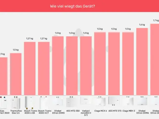 Balkendiagramm zeigt Gewichte von Kleindurchlauferhitzern. Der leichteste wiegt 0,9 kg, der schwerste 1,7 kg.