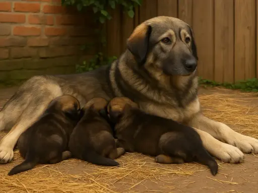 Un majestueux berger des Carpates veille sur ses trois adorables chiots blottis contre lui, dans une scène paisible de tendresse maternelle.