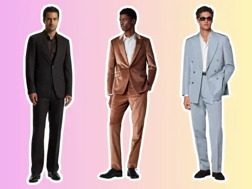 Three men in stylish suits, ready for a cocktail attore event. One in black, another in velvet brown, and the third in a light blue double-breasted suit.