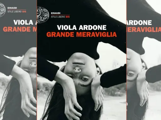 Copertina del libro "Grande Meraviglia" di Viola Ardone, con il volto di una ragazza capovolto.