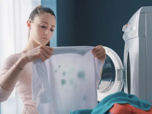 Zmartwiona kobieta trzyma białą koszulkę z zielonymi plamami, która wygląda jak zafarbowane ubrania. Obok stoi otwarta pralka.