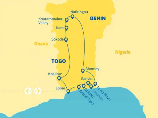 Trasa podróży przez Benin, Togo i Ghanę. Mapa pokazuje miasta takie jak Natitingou, Kpalime, Lome, Ouidah, Cotonou i Porto Novo.