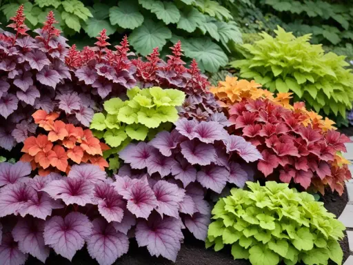 En rabatt med olika alunrot sorter i nyanser av lila, orange, rött och limegrönt.