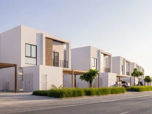 Frente fachadas de casas modernas con líneas limpias y detalles en madera. Un camino de adoquines y césped verde adornan el exterior.