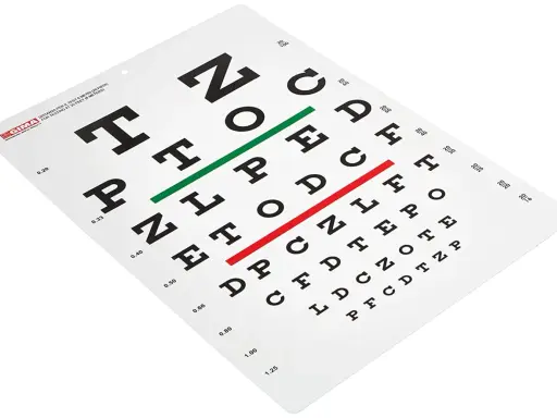 Tablica Snellena z literami do badania wzroku. Wymiary liter są różne, od największych na górze do najmniejszych na dole.