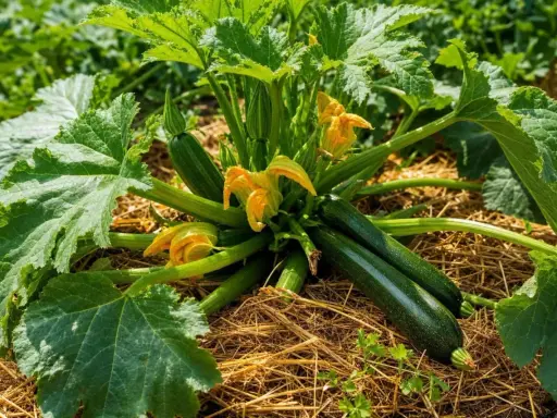 Un plant de courgette prospère, ses fruits verts foncés et ses fleurs jaunes éclatantes se détachant sur un lit de paille.