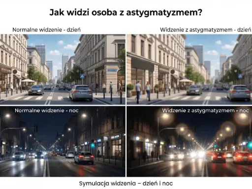 Symulacja widzenia z astygmatyzmem w dzień i w nocy. Czy astygmatyzm jest dziedziczny? Obraz pokazuje rozmycie i poświaty wokół świateł.