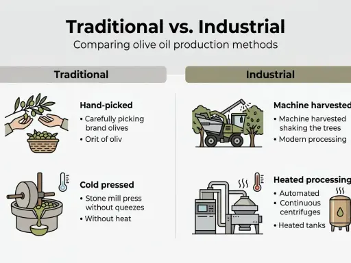 Ilustra cómo se hace el aceite de oliva: tradicionalmente a mano y prensado en frío, o industrialmente con máquinas y calor.