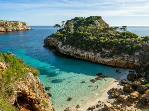 Malownicza zatoczka z turkusową wodą i piaszczystą plażą, otoczona klifami i zielenią. Idealne miejsce na relaks, jedna z pięknych palma de mallorca atrakcje.