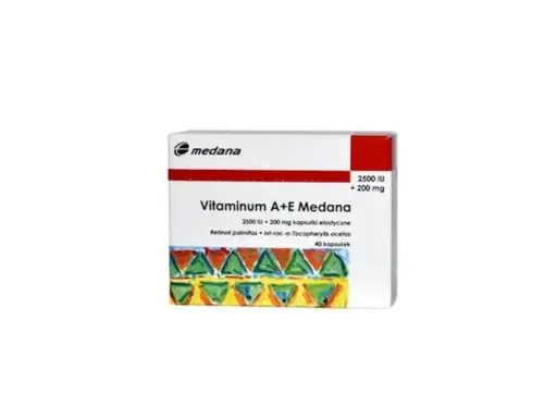 Opakowanie Vitaminum A+E Medana. Przed zastosowaniem zapoznaj się z ulotką, aby poznać witamina a+e przeciwwskazania.