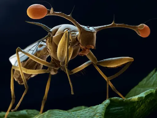 En närbild av en tsetseflugan med sina karakteristiska, långa antenner och stora, orange ögon. Den sitter på ett grönt blad.