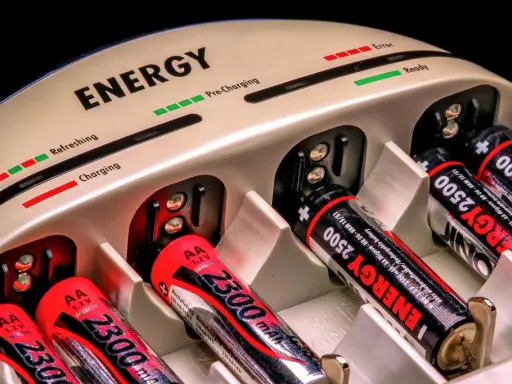 Ein NiMH Ladegerät mit AA-Akkus, die geladen werden. Ladeanzeigen zeigen "Charging" und "Ready".