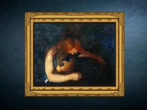 En kvinna med rött hår omfamnar ett barn i mörka toner. Edvard Munch fakta: Målningen heter "Madonna".