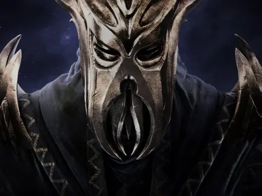 Postać w złotej masce z gry Skyrim, symbol najlepszych modów do Skyrima.