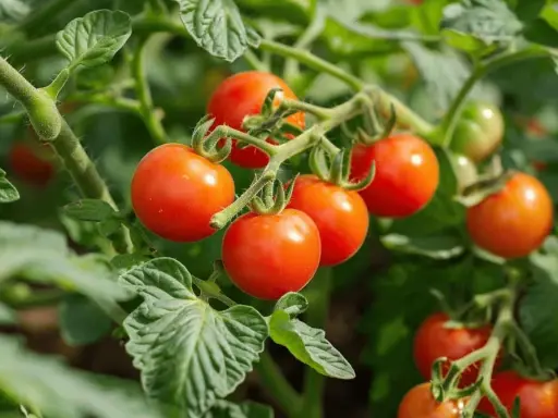 Grappe de tomates black cherry rouges et brillantes, mûrissant sur leur pied vert feuillu.