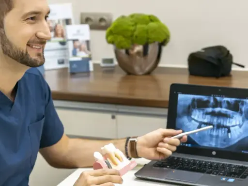 Dentysta omawia z pacjentką plan leczenia, pokazując na ekranie zdjęcie rentgenowskie szczęki i model zębów, wyjaśniając znaczenie czyszczenia dziąseł.