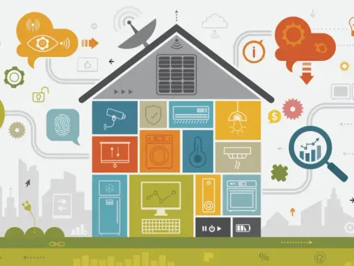 Illustration av ett smart hem med ikoner för säkerhet, energi och automation. En brandlarm går utan anledning, vilket symboliserar en potentiell teknisk störning.