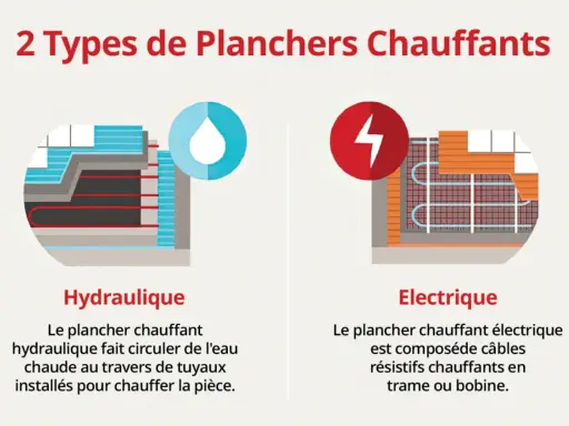 Deux types de planchers chauffants : hydraulique avec circulation d'eau par tuyaux, et électrique avec câbles résistifs.