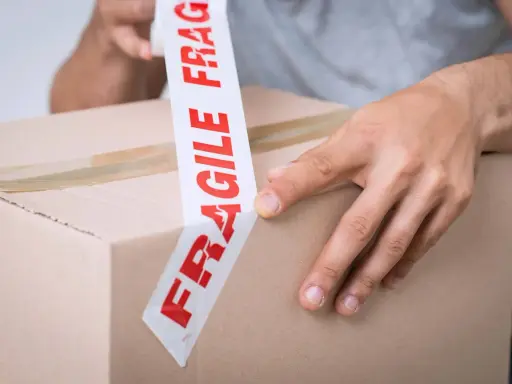 Ręce zaklejają karton taśmą z napisem "FRAGILE". Uwaga szkło, kurier musi być ostrożny.