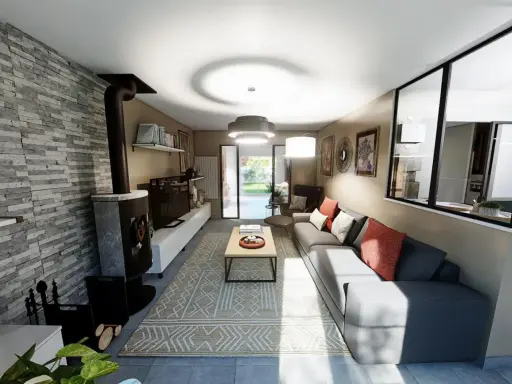Plan aménagement salon en longueur : canapé d'angle gris, poêle à bois, mur en pierre, table basse et tapis géométrique.