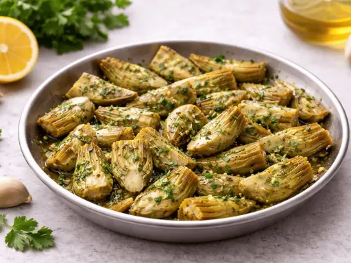 Carciofi in padella, teneri e dorati, conditi con erbe aromatiche e aglio. Accanto, spicchi d'aglio, prezzemolo fresco e una fetta di limone.