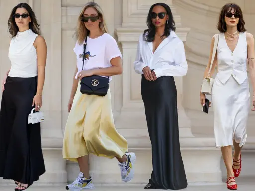 Four women in stylish outfits featuring satin skirts in black, yellow, and white.