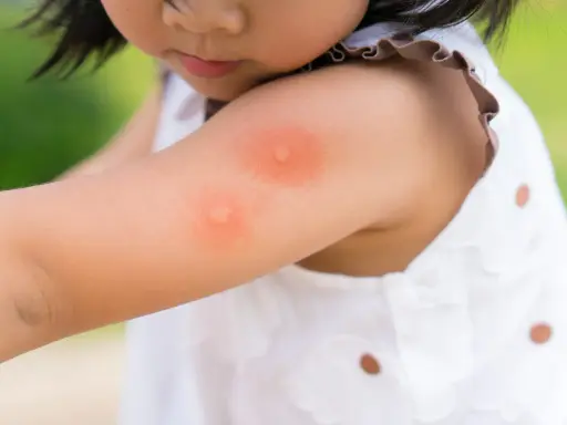 Enfant avec une piqûre d'insecte sur le bras. Une huile essentielle pourrait soulager la démangeaison.