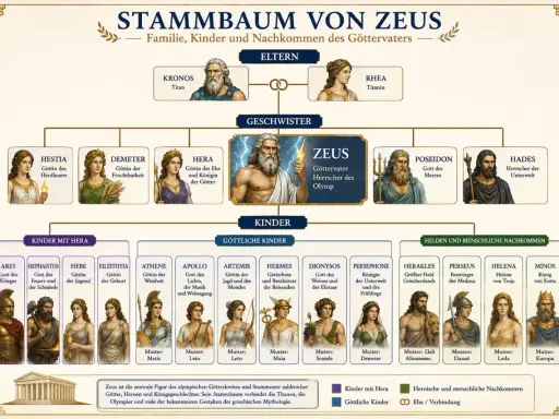 Der Stammbaum zeigt Zeus, den Göttervater und Herrscher des Olymps, sowie seine Familie. Wer ist Zeus? Er ist der Sohn von Kronos und Rhea.