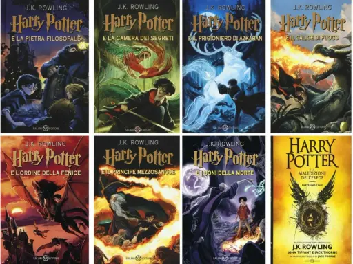 Copertine dei libri di J.K. Rowling: Harry Potter e la Pietra Filosofale, Camera dei Segreti, Prigioniero di Azkaban, Calice di Fuoco, Ordine della Fenice, Principe Mezzosangue, Doni della Morte e Maledizione dell'Erede.