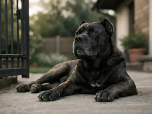 Potężny pies rasy Cane Corso leży przy bramie. Czy cane corso są groźne? Ten pies wygląda na spokojnego, ale czujnego.