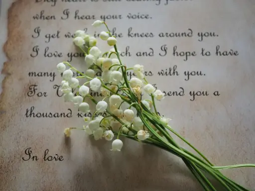 Mughetto su pergamena con parole d'amore, che ricordano le più belle poesie famose.