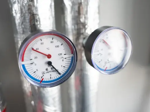 Dwa manometry pokazują ciśnienie w układzie zamkniętym. Jeden mierzy temperaturę w °C, drugi ciśnienie w barach.