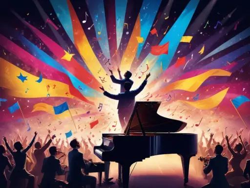 En mäktig orkester spelar, med noter och färgglada band som svävar. En hyllning till svenska eurovision bidrag, med publiken i extas.