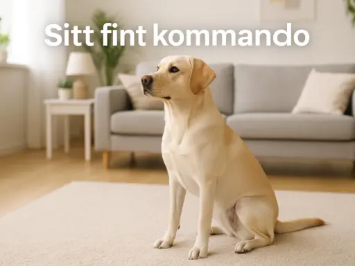 En gul labrador sitter fint på en matta i ett vardagsrum. Hunden väntar på sitt kommando.