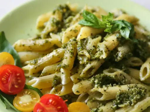 Penne z pesto i pomidorkami koktajlowymi. Pyszny obiad bez mięsa, udekorowany listkami bazylii.
