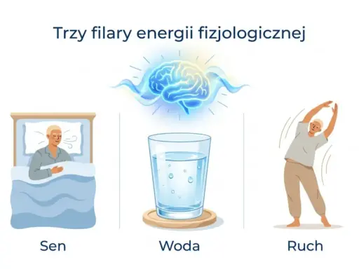 Sen, woda i ruch to klucz do produktywności. Ilustracja pokazuje śpiącą osobę, szklankę wody i ćwiczącego człowieka.