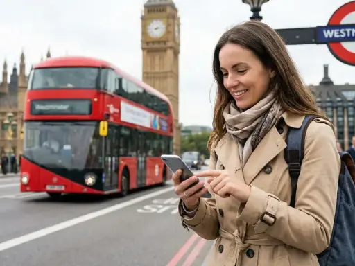 Kobieta z telefonem w ręku, na tle czerwonego autobusu i Big Bena. Wygodny internet w UK ułatwia zwiedzanie.