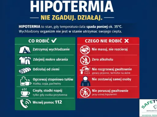 Hipotermia co to? Gdy temp. ciała spada poniżej 35°C, organizm się wychładza. Działaj: zatrzymaj wychładzanie, zdejmij mokre ubrania, ogrzewaj stopniowo. Nie masuj, nie podawaj alkoholu. Wezwij pomoc 112.