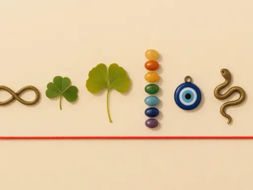 Symbole énergie spirituelle : un signe infini, un trèfle, une feuille de ginkgo, des pierres de chakra, un œil bleu et un serpent.